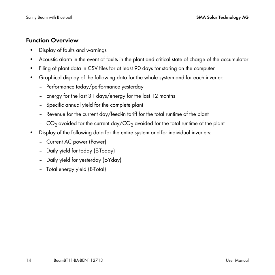 Function overview | SMA BEAM-BT-11 User Manual | Page 14 / 92