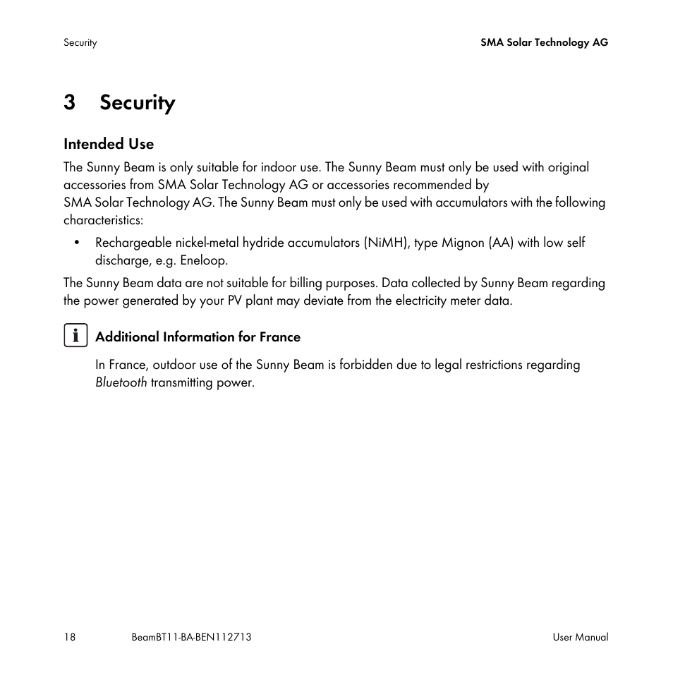 3 security, Security | SMA BEAM-BT-11 User Manual | Page 18 / 92