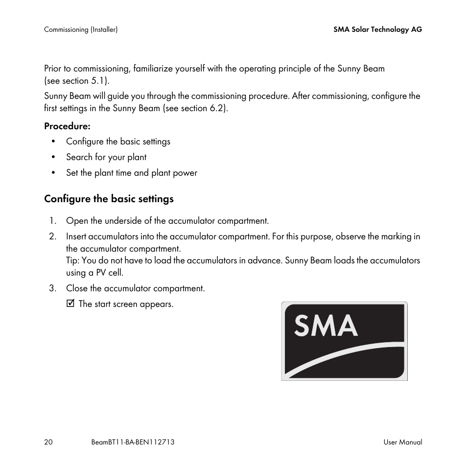 Configure the basic settings | SMA BEAM-BT-11 User Manual | Page 20 / 92