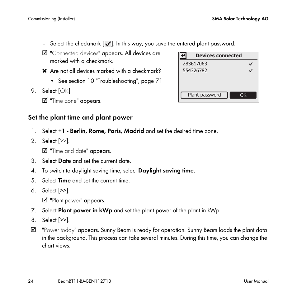 Set the plant time and plant power | SMA BEAM-BT-11 User Manual | Page 24 / 92