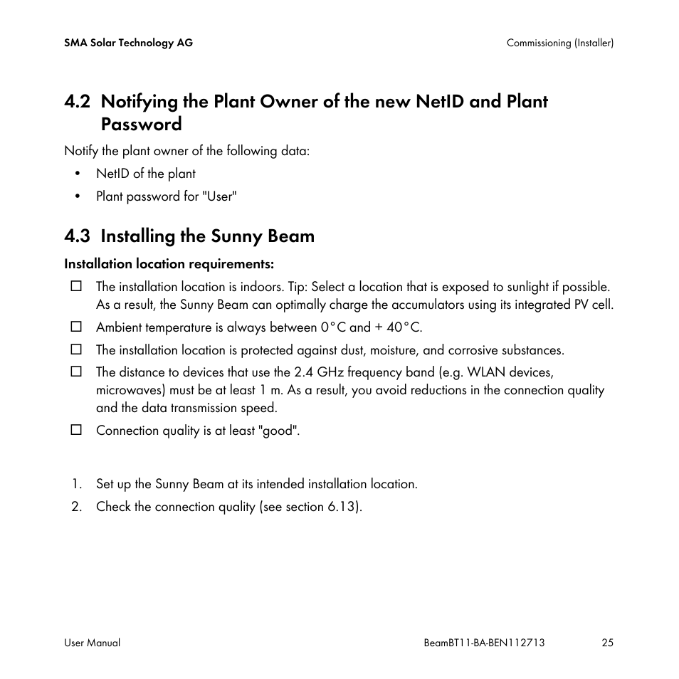 3 installing the sunny beam, Notifying the plant owner of the new netid and, Plant password | Installing the sunny beam | SMA BEAM-BT-11 User Manual | Page 25 / 92