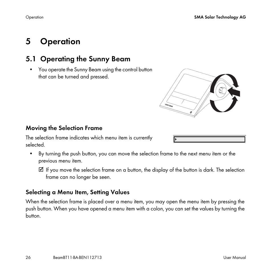 5 operation, 1 operating the sunny beam, Operation | Operating the sunny beam | SMA BEAM-BT-11 User Manual | Page 26 / 92