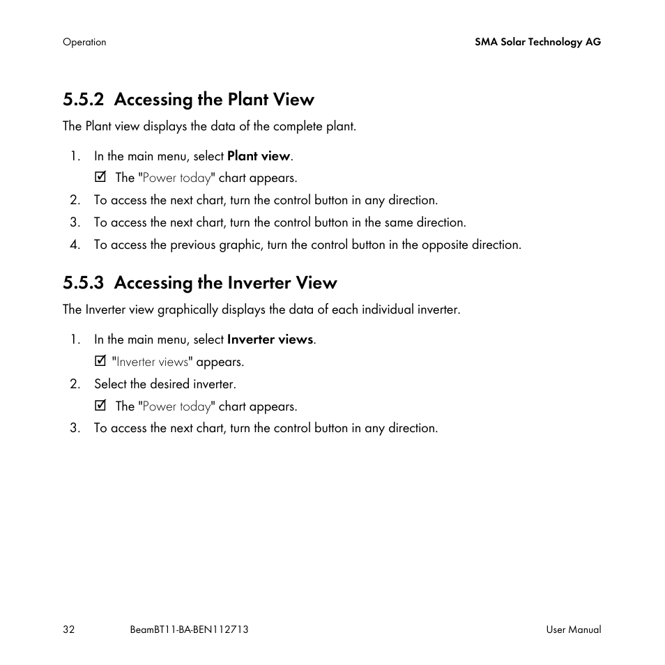 2 accessing the plant view, 3 accessing the inverter view, Accessing the plant view | Accessing the inverter view | SMA BEAM-BT-11 User Manual | Page 32 / 92
