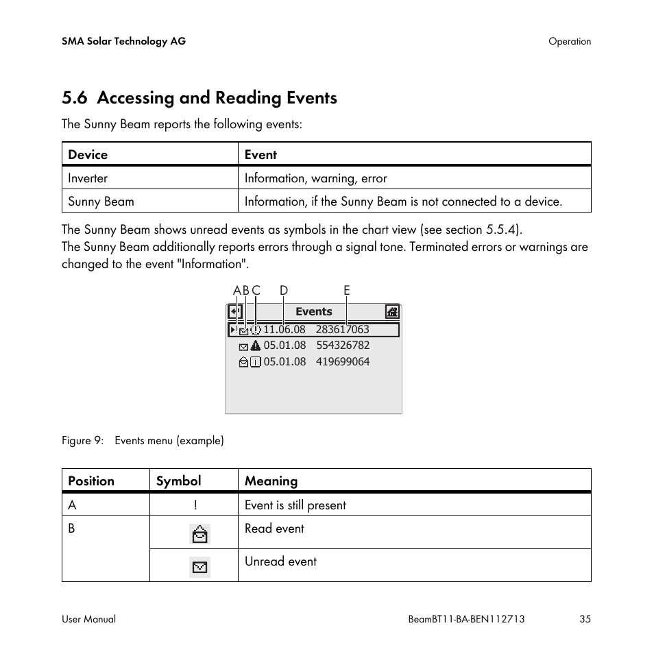 6 accessing and reading events, Accessing and reading events | SMA BEAM-BT-11 User Manual | Page 35 / 92