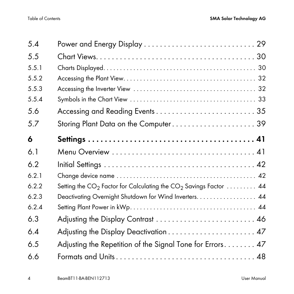 4 power and energy display 5.5 chart views | SMA BEAM-BT-11 User Manual | Page 4 / 92
