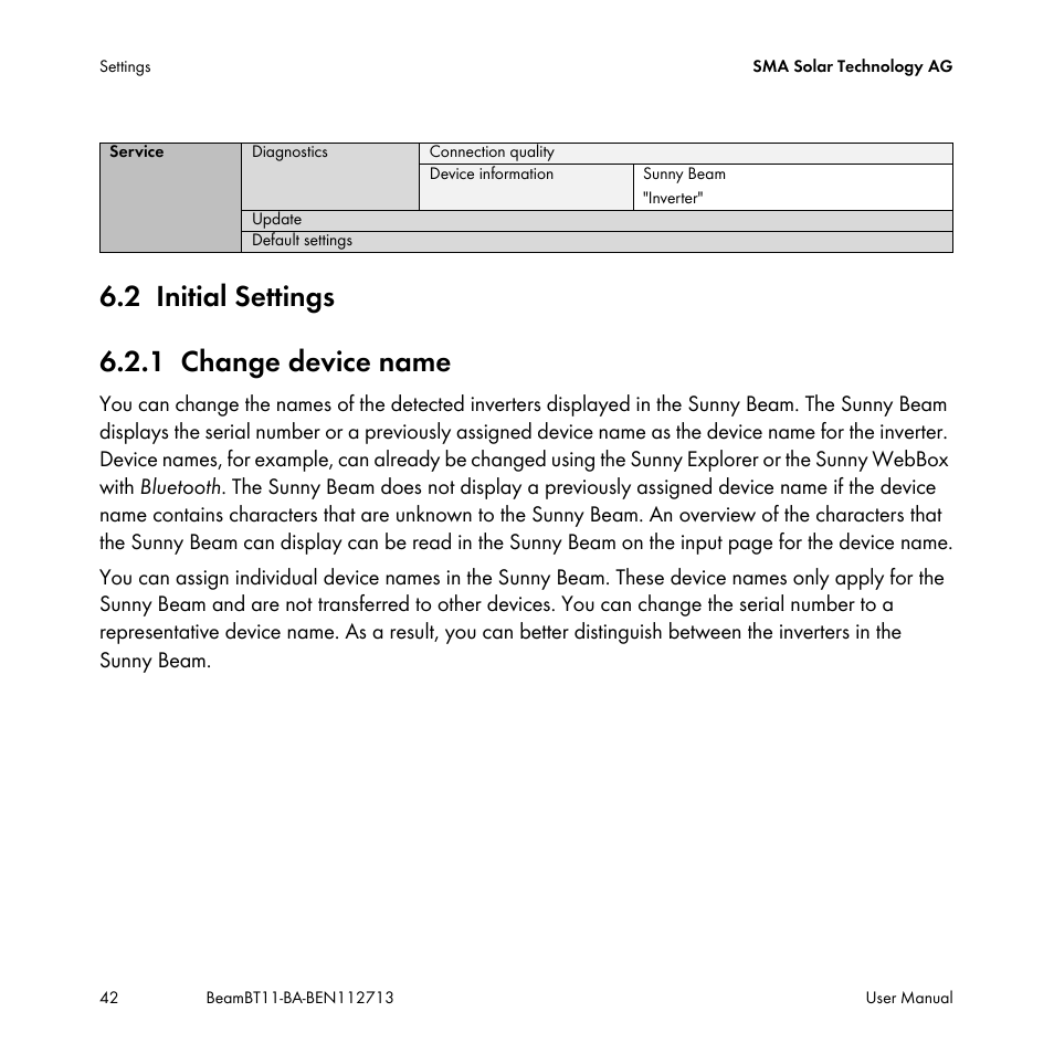 2 initial settings, 1 change device name, Initial settings | Change device name, 2 initial settings 6.2.1 change device name | SMA BEAM-BT-11 User Manual | Page 42 / 92