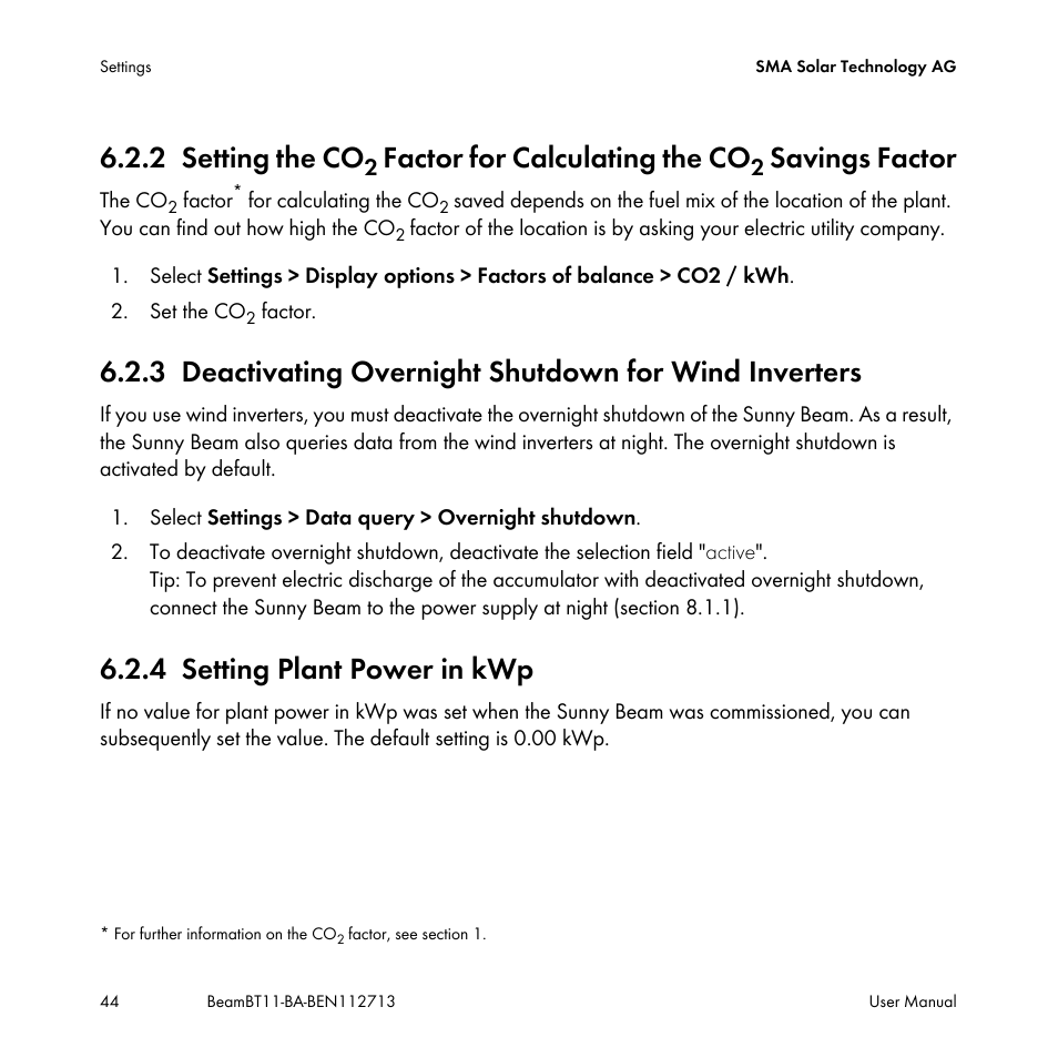 4 setting plant power in kwp, Setting the co, Deactivating overnight shutdown for wind inverters | Setting plant power in kwp, 2 setting the co, Factor for calculating the co, Savings factor | SMA BEAM-BT-11 User Manual | Page 44 / 92