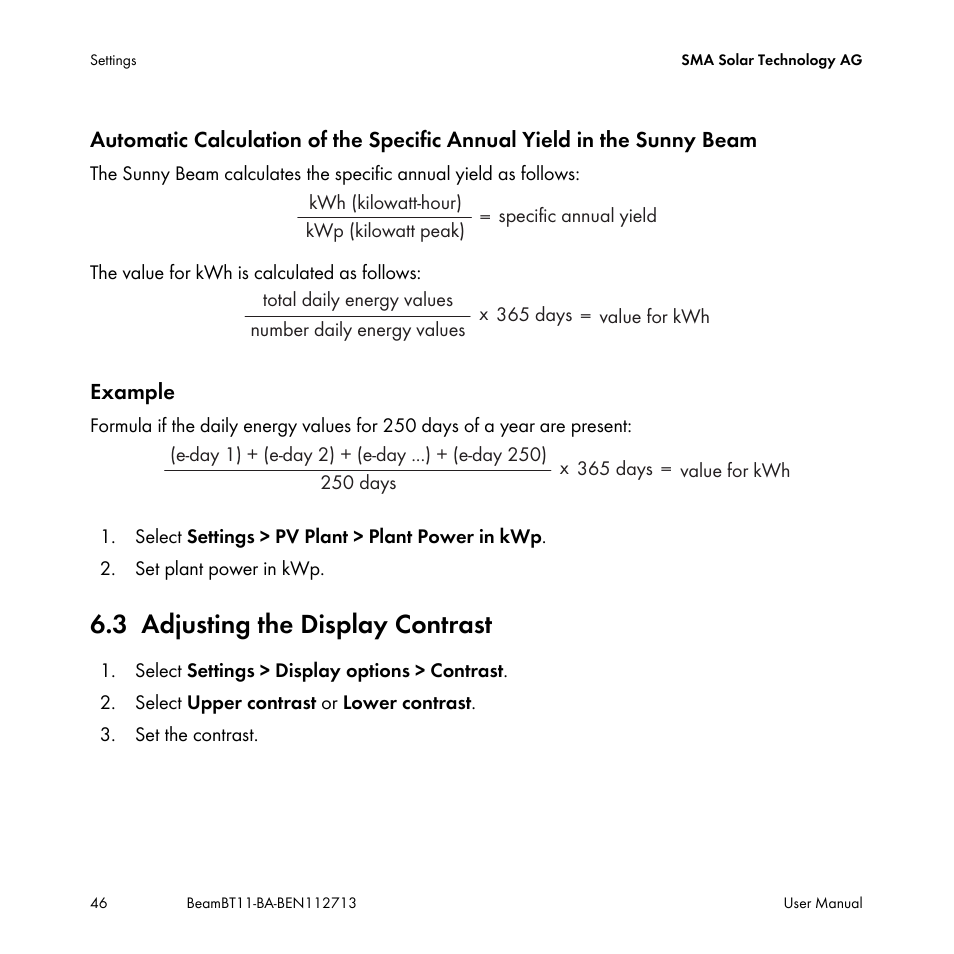 3 adjusting the display contrast, Adjusting the display contrast | SMA BEAM-BT-11 User Manual | Page 46 / 92