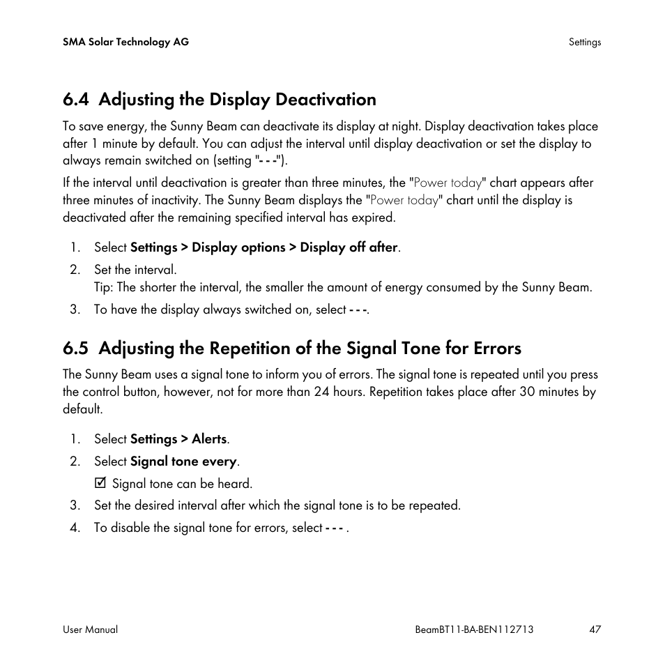 4 adjusting the display deactivation, Adjusting the display deactivation | SMA BEAM-BT-11 User Manual | Page 47 / 92