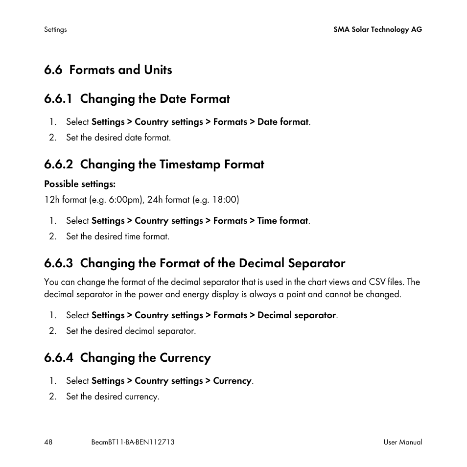 6 formats and units, 1 changing the date format, 2 changing the timestamp format | 3 changing the format of the decimal separator, 4 changing the currency, Formats and units, Changing the date format, Changing the timestamp format, Changing the format of the decimal separator, Changing the currency | SMA BEAM-BT-11 User Manual | Page 48 / 92