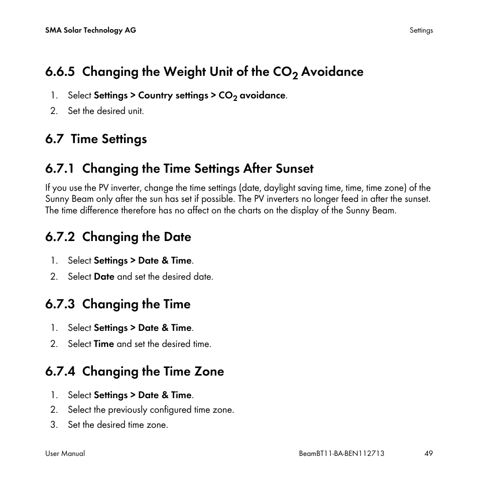 5 changing the weight unit of the co2 avoidance, 7 time settings, 1 changing the time settings after sunset | 2 changing the date, 3 changing the time, 4 changing the time zone, Changing the weight unit of the co, Time settings, Changing the time settings after sunset, Changing the date | SMA BEAM-BT-11 User Manual | Page 49 / 92