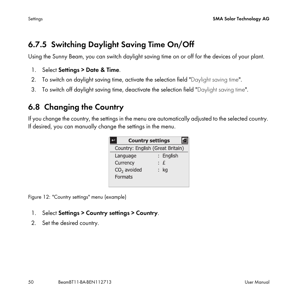 5 switching daylight saving time on/off, 8 changing the country, Switching daylight saving time on/off | Changing the country | SMA BEAM-BT-11 User Manual | Page 50 / 92