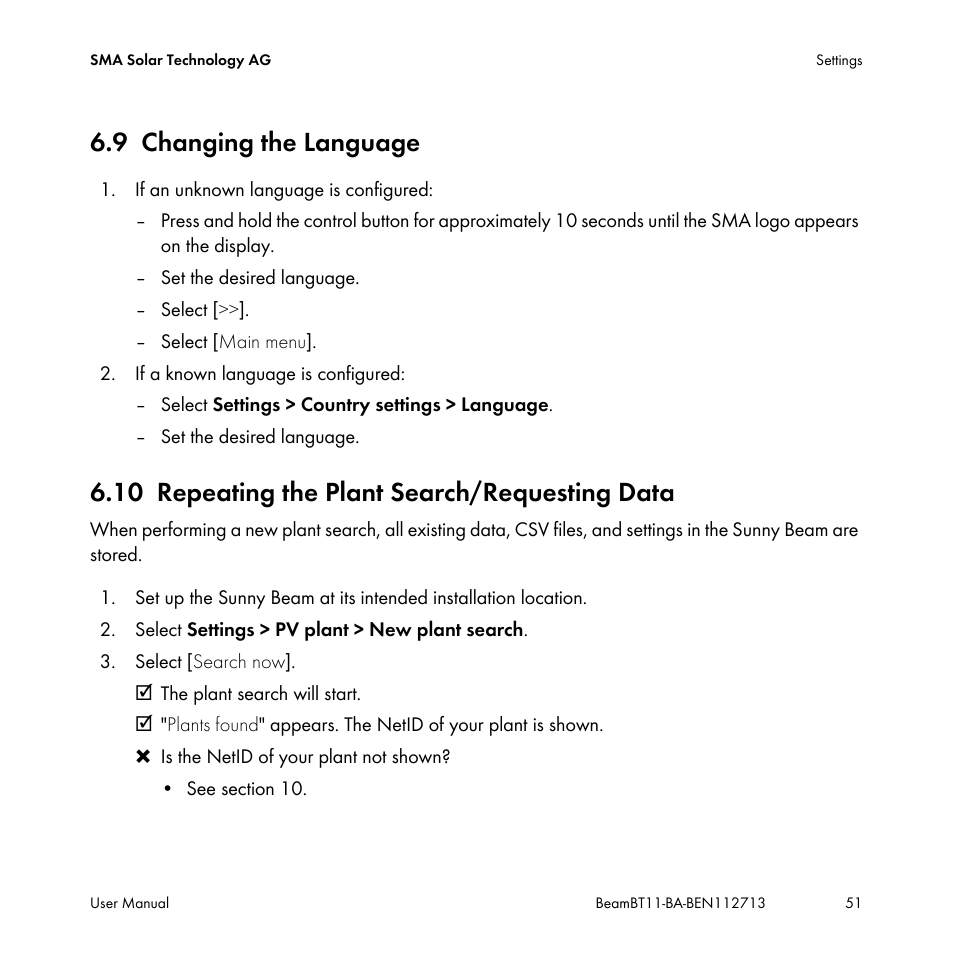 9 changing the language, 10 repeating the plant search/requesting data, Changing the language | Repeating the plant search/requesting data | SMA BEAM-BT-11 User Manual | Page 51 / 92