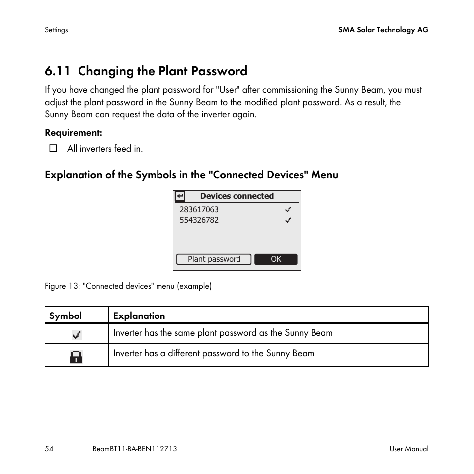 11 changing the plant password, Changing the plant password | SMA BEAM-BT-11 User Manual | Page 54 / 92