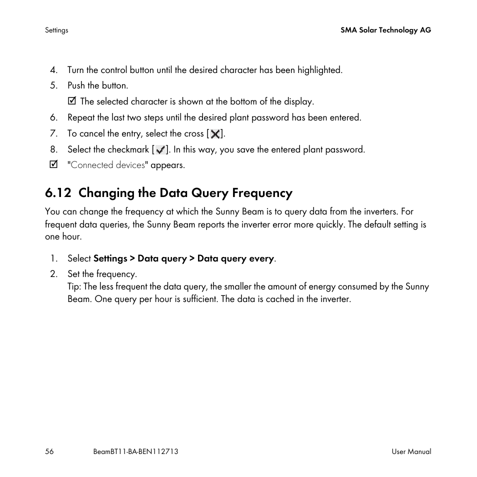 12 changing the data query frequency, Changing the data query frequency | SMA BEAM-BT-11 User Manual | Page 56 / 92