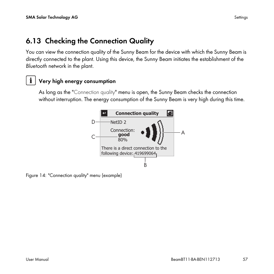 13 checking the connection quality, Checking the connection quality | SMA BEAM-BT-11 User Manual | Page 57 / 92