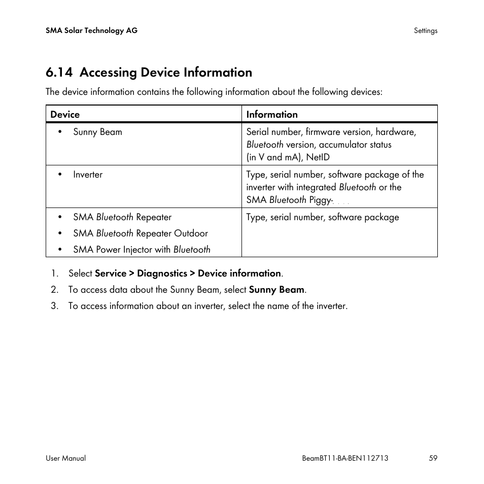 14 accessing device information, Accessing device information | SMA BEAM-BT-11 User Manual | Page 59 / 92