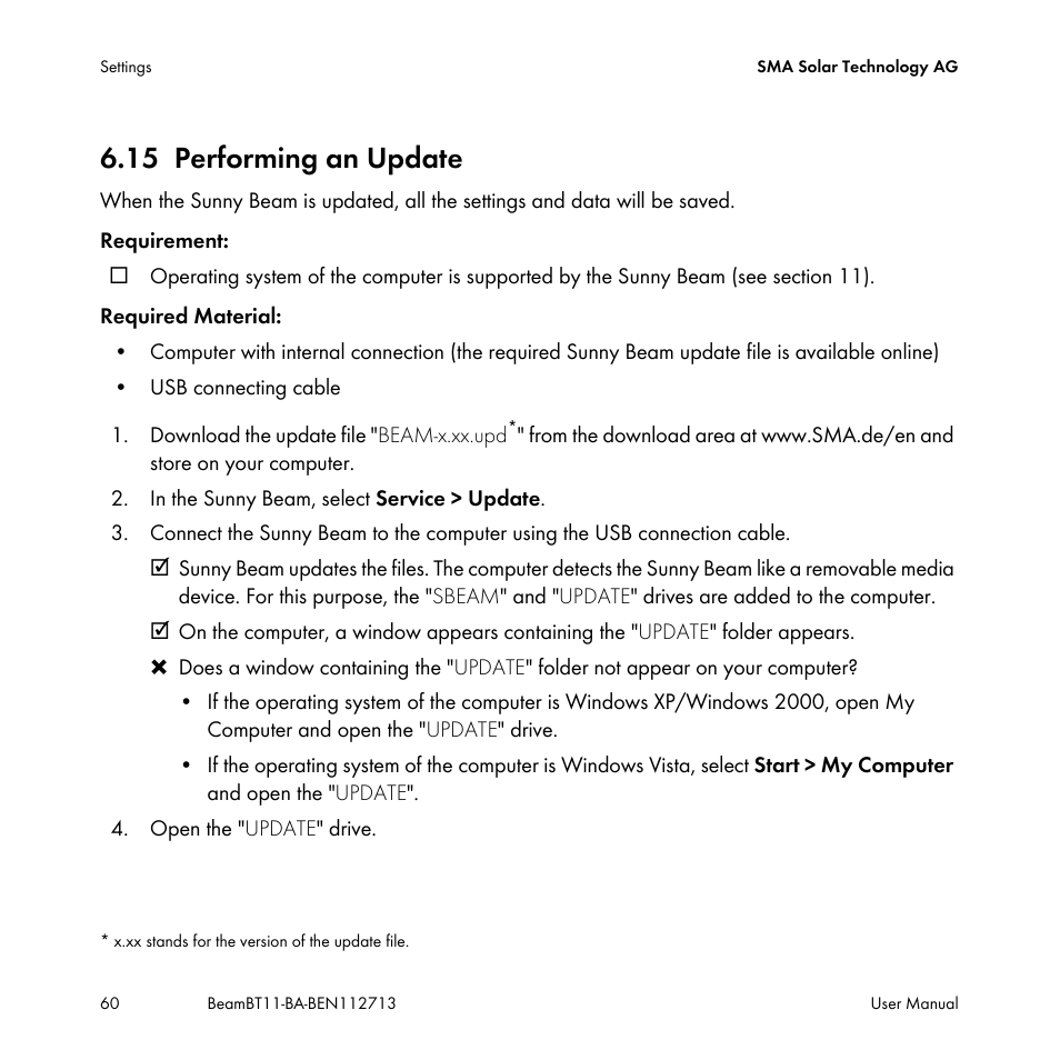 15 performing an update, Performing an update | SMA BEAM-BT-11 User Manual | Page 60 / 92