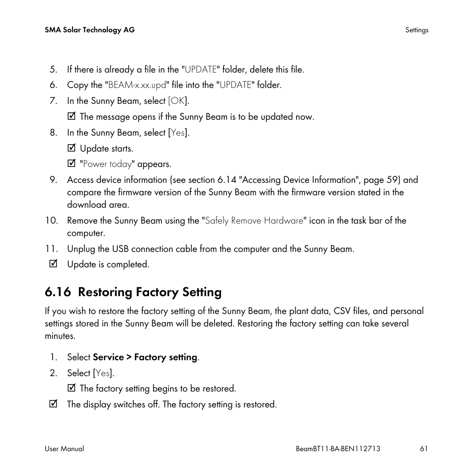 16 restoring factory setting, Restoring factory setting | SMA BEAM-BT-11 User Manual | Page 61 / 92