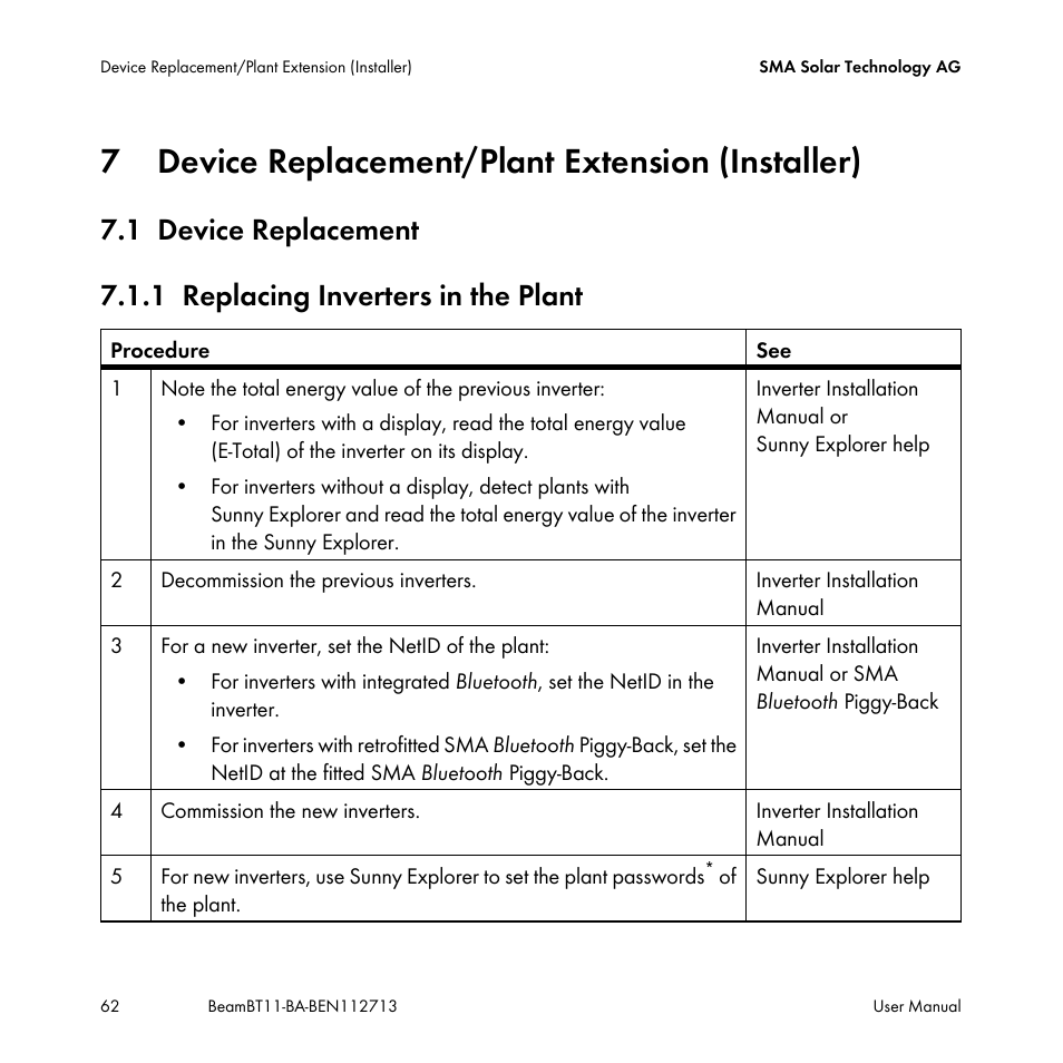 7 device replacement/plant extension (installer), 1 device replacement, 1 replacing inverters in the plant | Device replacement/plant extension (installer), Device replacement, Replacing inverters in the plant | SMA BEAM-BT-11 User Manual | Page 62 / 92