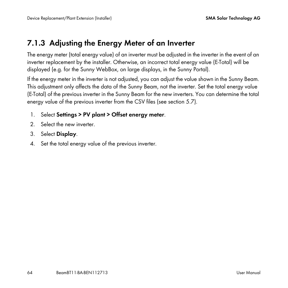 3 adjusting the energy meter of an inverter, Adjusting the energy meter of an inverter | SMA BEAM-BT-11 User Manual | Page 64 / 92