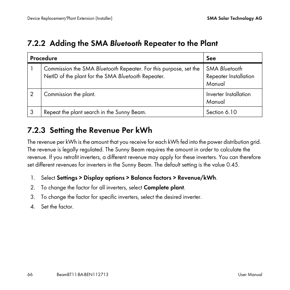 2 adding the sma bluetooth repeater to the plant, 3 setting the revenue per kwh, Adding the sma b | Setting the revenue per kwh | SMA BEAM-BT-11 User Manual | Page 66 / 92