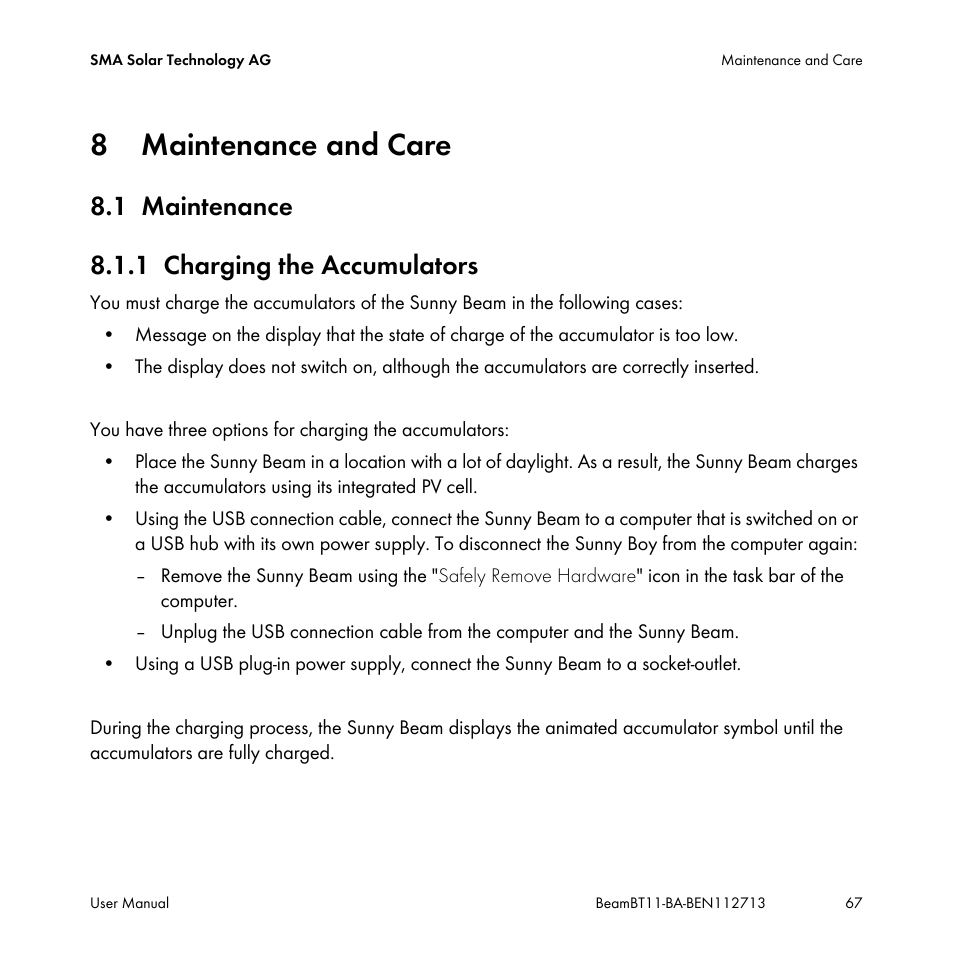 8 maintenance and care, 1 maintenance, 1 charging the accumulators | Maintenance and care, Maintenance, Charging the accumulators, 1 maintenance 8.1.1 charging the accumulators | SMA BEAM-BT-11 User Manual | Page 67 / 92