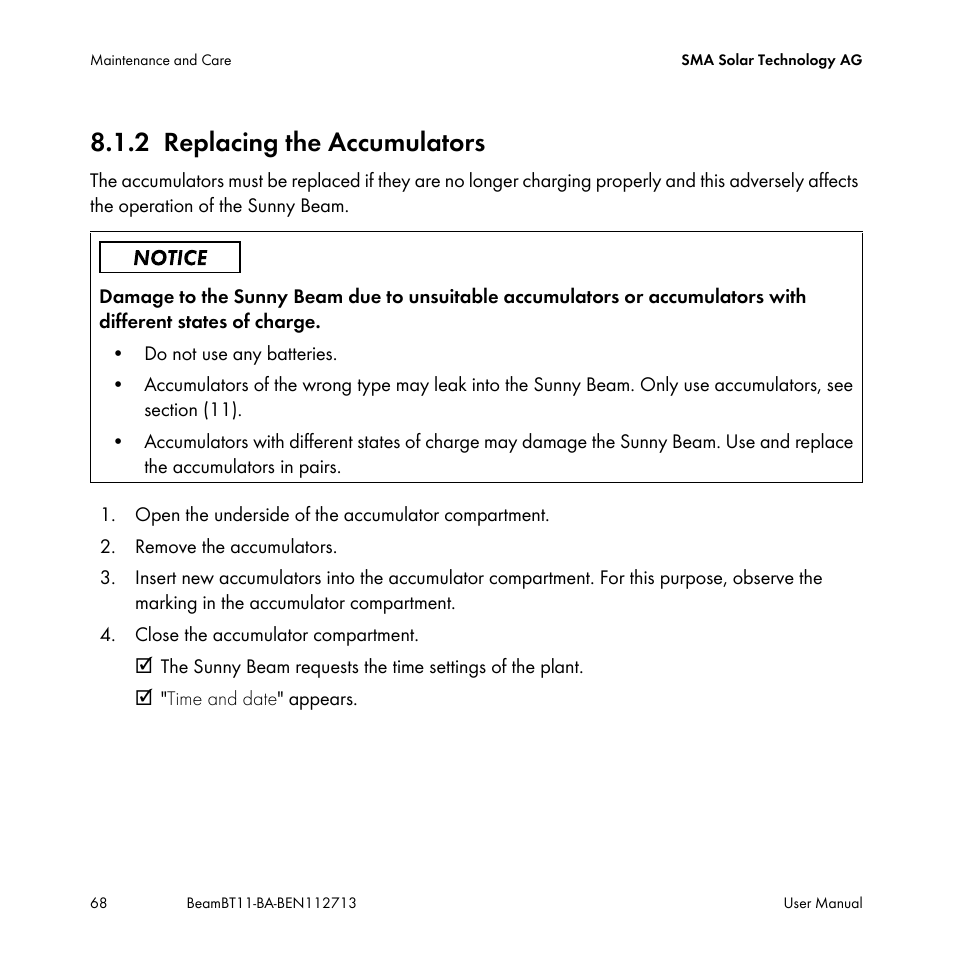 2 replacing the accumulators, Replacing the accumulators | SMA BEAM-BT-11 User Manual | Page 68 / 92