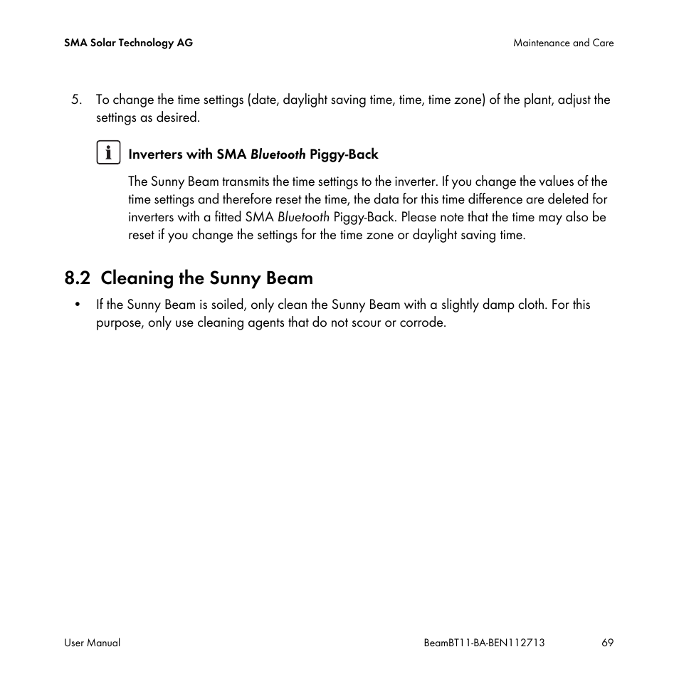 2 cleaning the sunny beam, Cleaning the sunny beam | SMA BEAM-BT-11 User Manual | Page 69 / 92