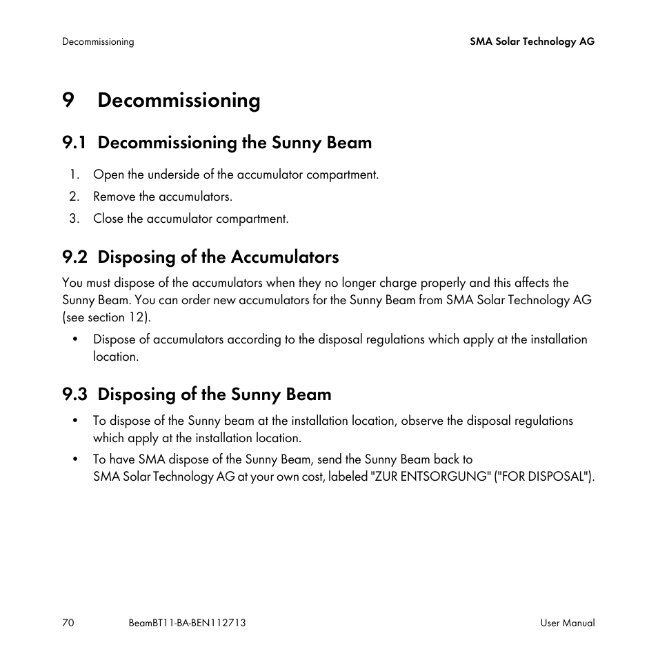 9 decommissioning, 1 decommissioning the sunny beam, 2 disposing of the accumulators | 3 disposing of the sunny beam, Decommissioning, Decommissioning the sunny beam, Disposing of the accumulators, Disposing of the sunny beam | SMA BEAM-BT-11 User Manual | Page 70 / 92