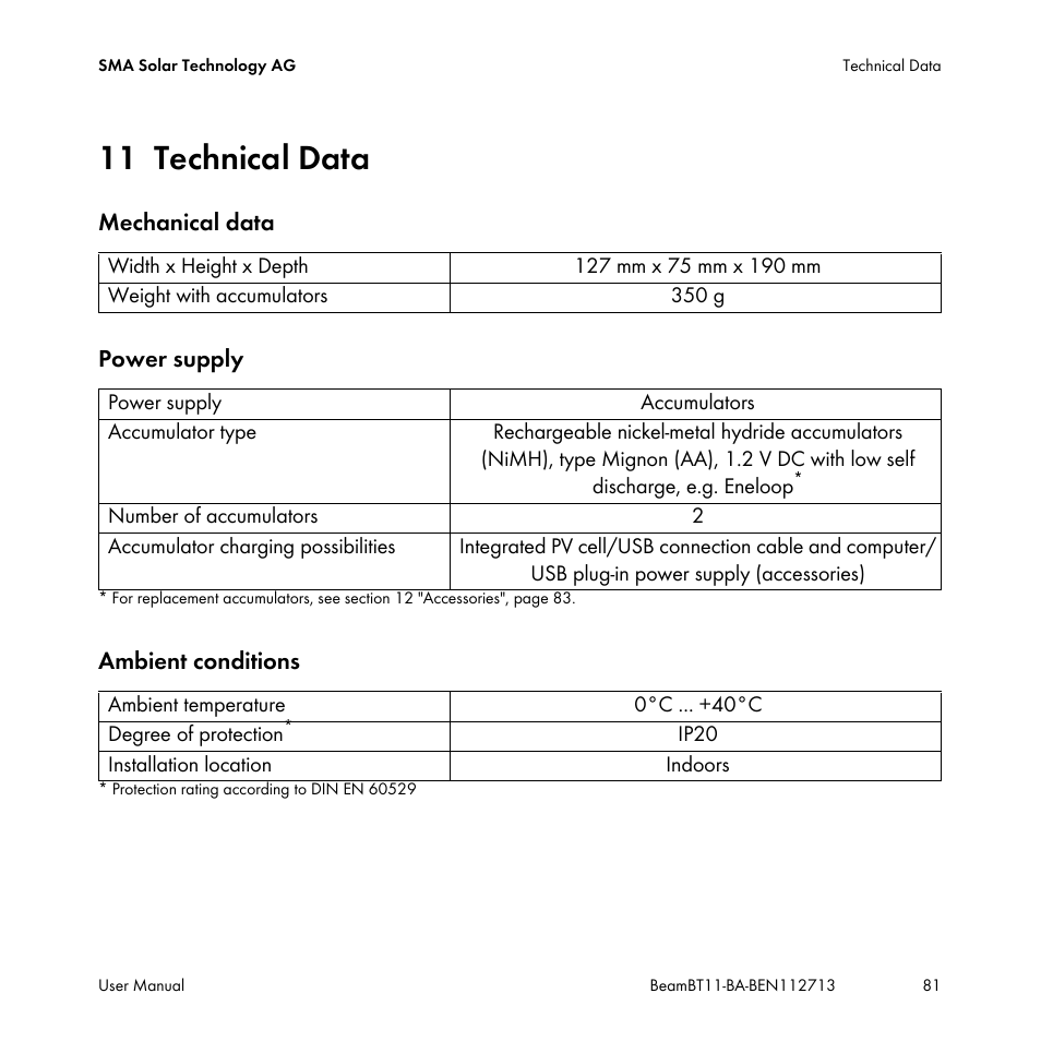 11 technical data, Technical data | SMA BEAM-BT-11 User Manual | Page 81 / 92