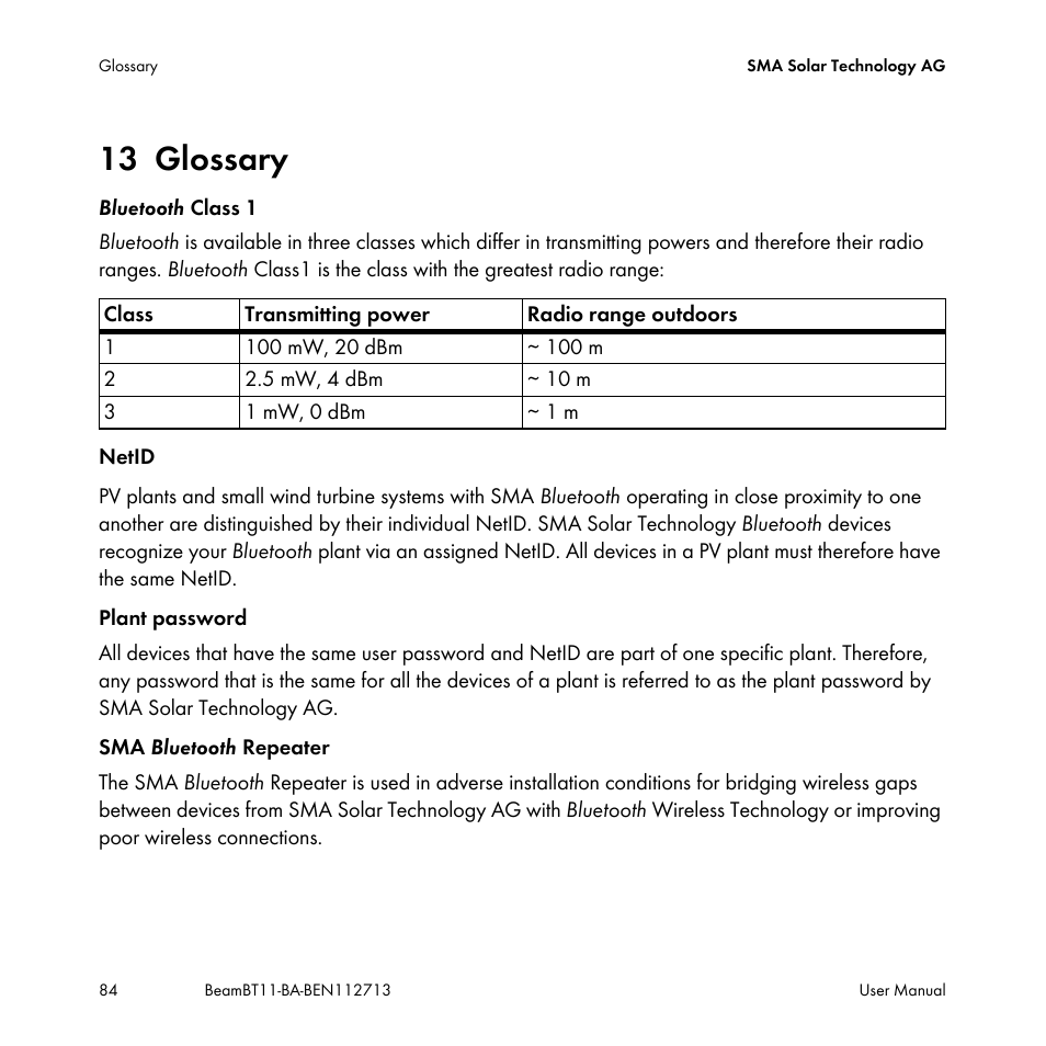 13 glossary, Glossary | SMA BEAM-BT-11 User Manual | Page 84 / 92