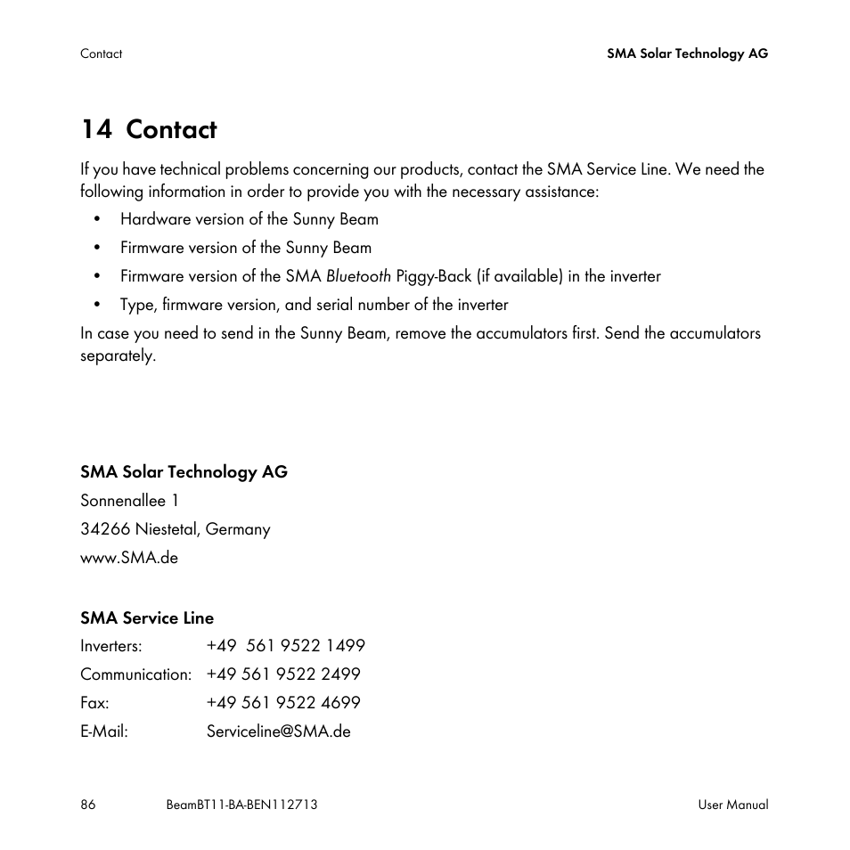 14 contact, Contact | SMA BEAM-BT-11 User Manual | Page 86 / 92