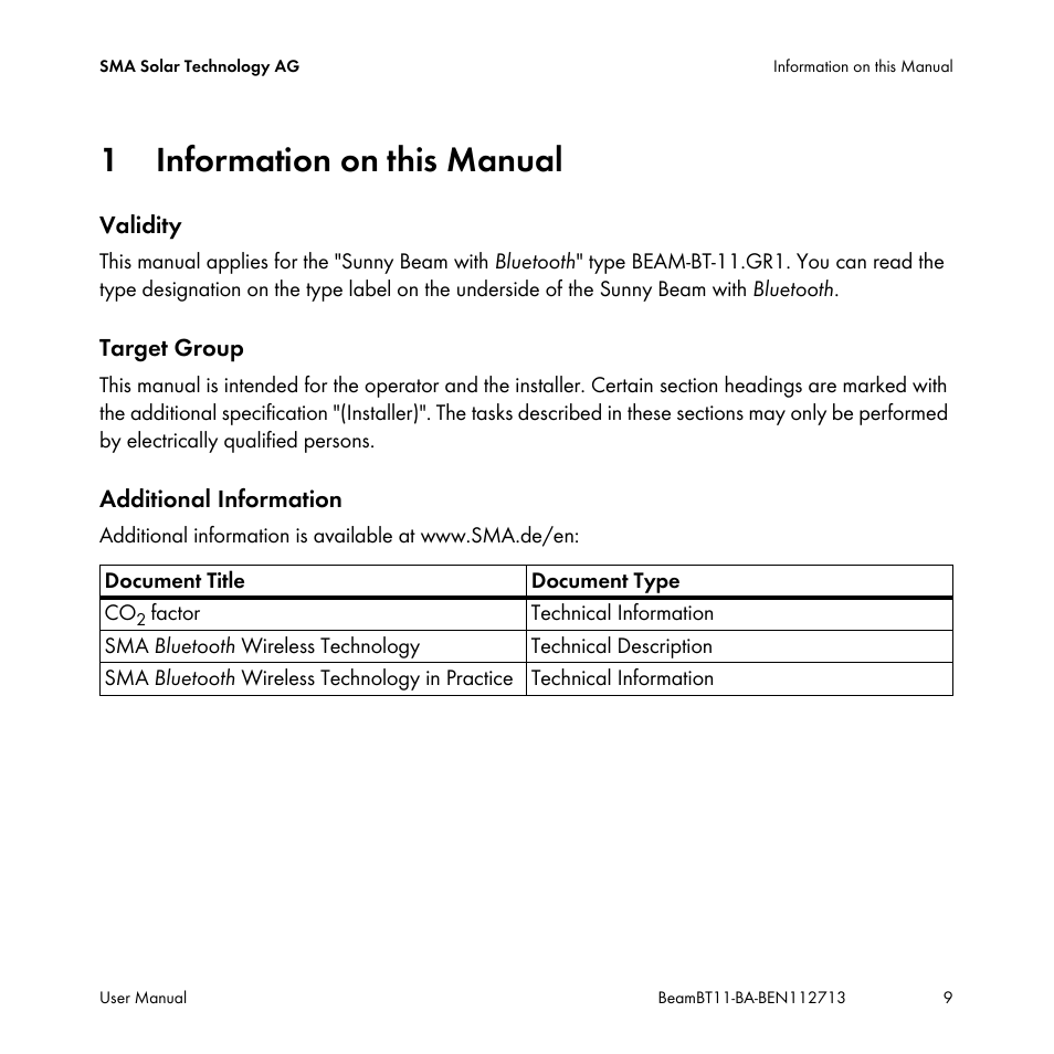 1 information on this manual, Information on this manual | SMA BEAM-BT-11 User Manual | Page 9 / 92