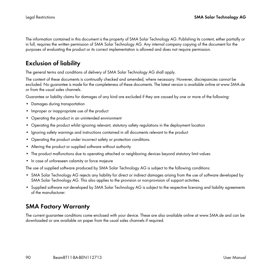 Exclusion of liability, Sma factory warranty | SMA BEAM-BT-11 User Manual | Page 90 / 92