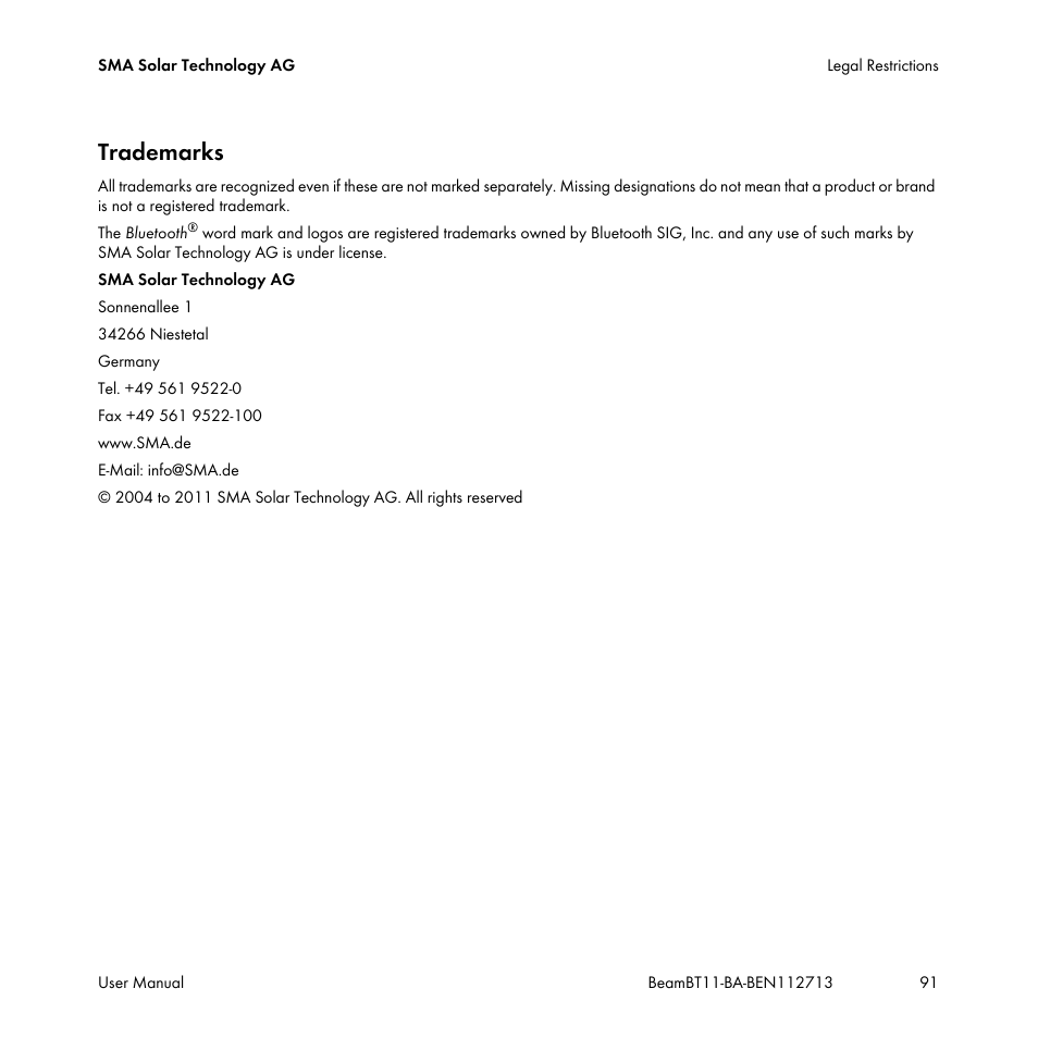 Trademarks | SMA BEAM-BT-11 User Manual | Page 91 / 92