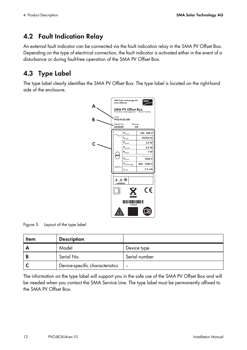 2 fault indication relay, 3 type label, 2 fault indication relay 4.3 type label | SMA PVO-N-20 User Manual | Page 12 / 56