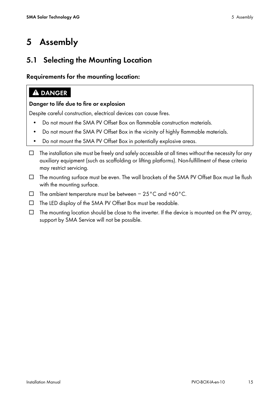 5 assembly, 1 selecting the mounting location | SMA PVO-N-20 User Manual | Page 15 / 56