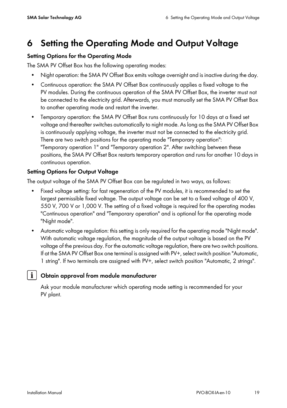6 setting the operating mode and output voltage | SMA PVO-N-20 User Manual | Page 19 / 56