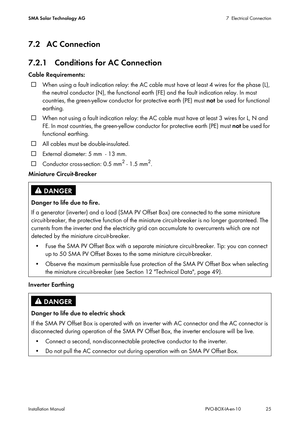 2 ac connection, 1 conditions for ac connection, 2 ac connection 7.2.1 conditions for ac connection | SMA PVO-N-20 User Manual | Page 25 / 56