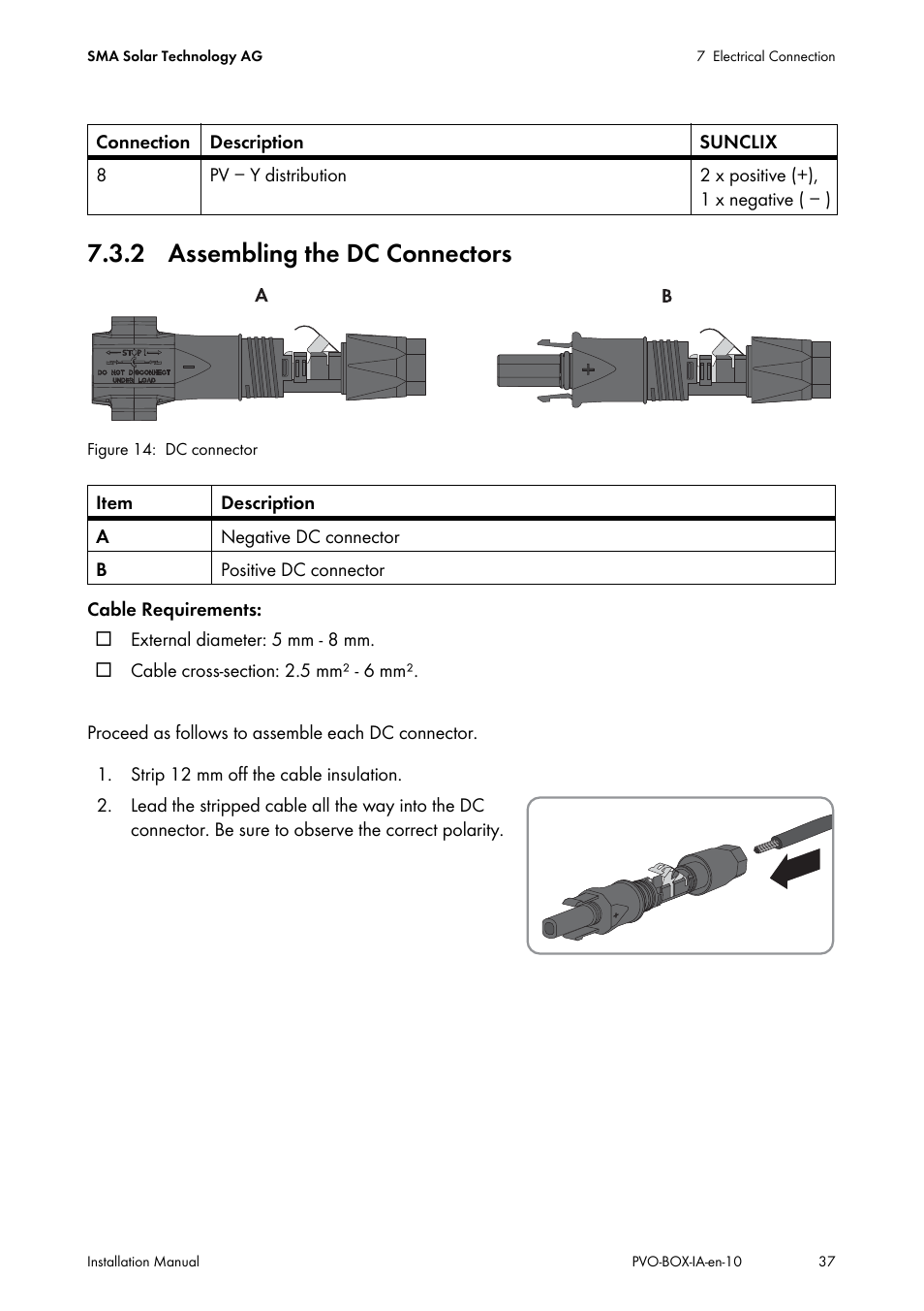 2 assembling the dc connectors | SMA PVO-N-20 User Manual | Page 37 / 56