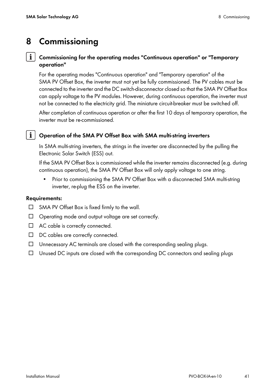 8 commissioning | SMA PVO-N-20 User Manual | Page 41 / 56