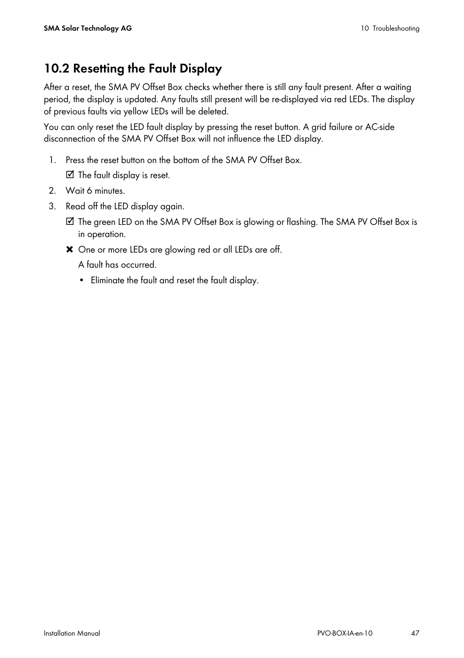 2 resetting the fault display | SMA PVO-N-20 User Manual | Page 47 / 56