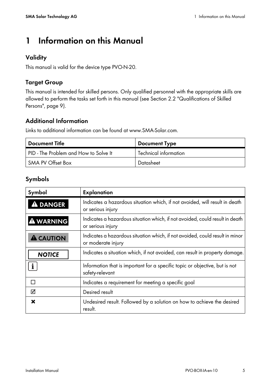 1 information on this manual | SMA PVO-N-20 User Manual | Page 5 / 56