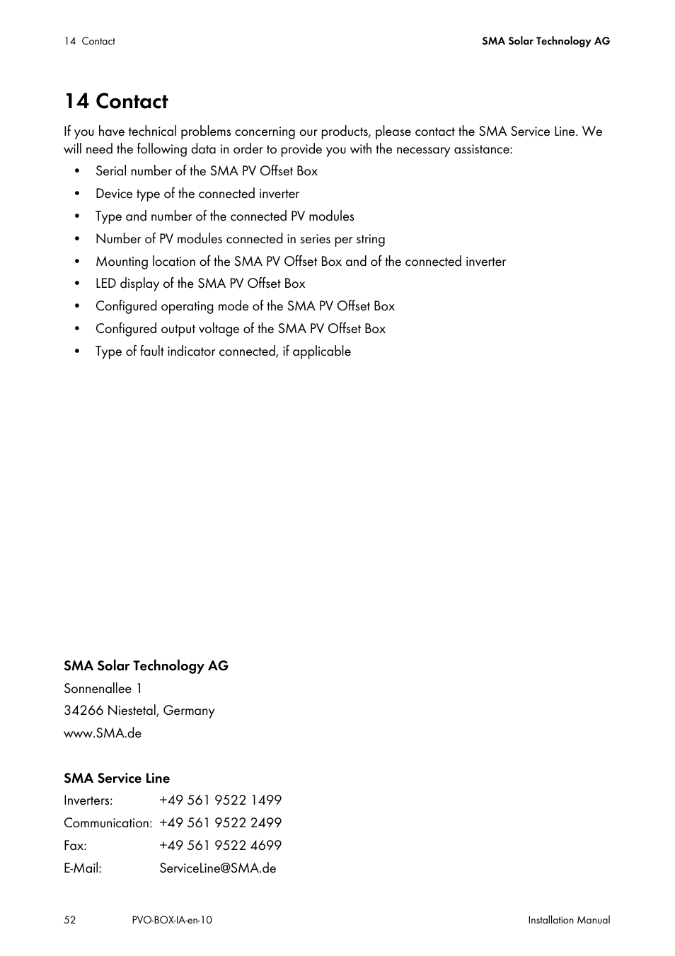14 contact | SMA PVO-N-20 User Manual | Page 52 / 56