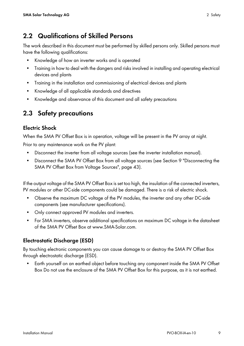 2 qualifications of skilled persons, 3 safety precautions | SMA PVO-N-20 User Manual | Page 9 / 56