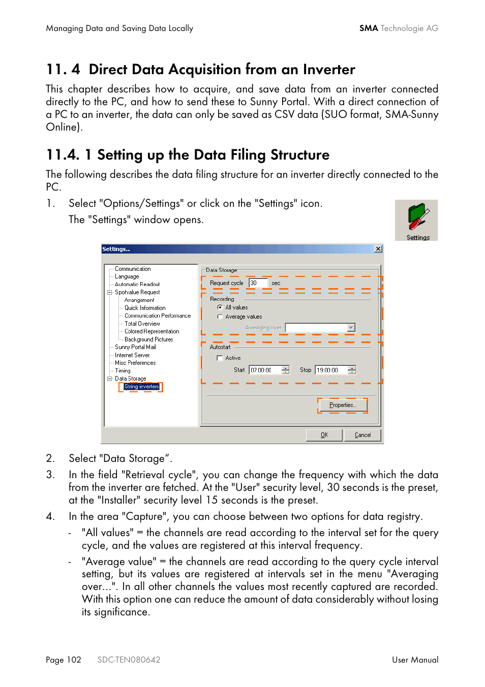 4 direct data acquisition from an inverter, 1 setting up the data filing structure | SMA Sunny Data Control V.4.2 User Manual | Page 102 / 196