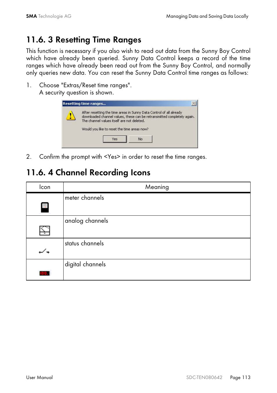 3 resetting time ranges, 4 channel recording icons | SMA Sunny Data Control V.4.2 User Manual | Page 113 / 196