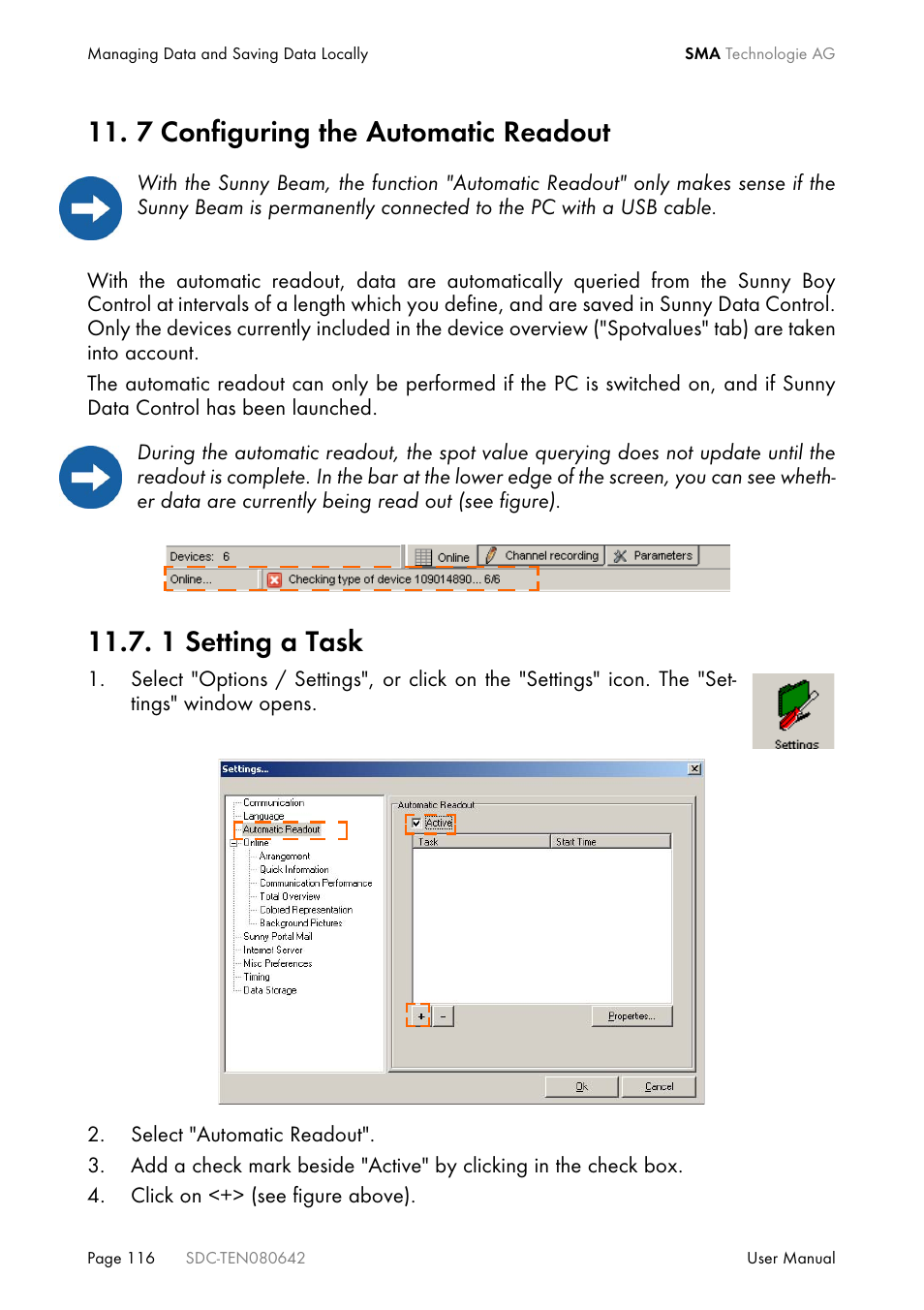 7 configuring the automatic readout, 1 setting a task | SMA Sunny Data Control V.4.2 User Manual | Page 116 / 196