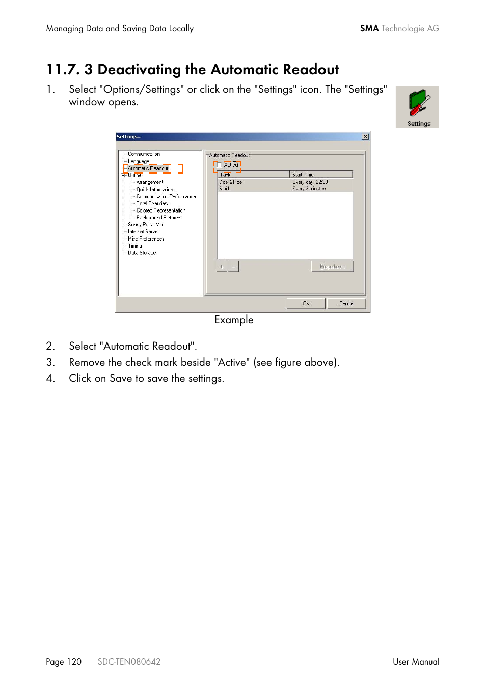 3 deactivating the automatic readout | SMA Sunny Data Control V.4.2 User Manual | Page 120 / 196